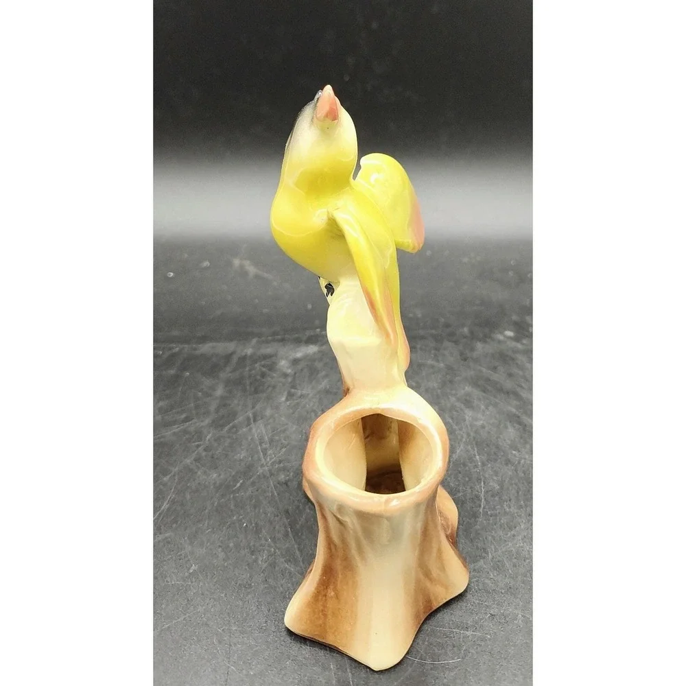 Vintage Bird Porcelain Vase Parakeet Parrot Yellow Planter Cockatoo Tree Stump